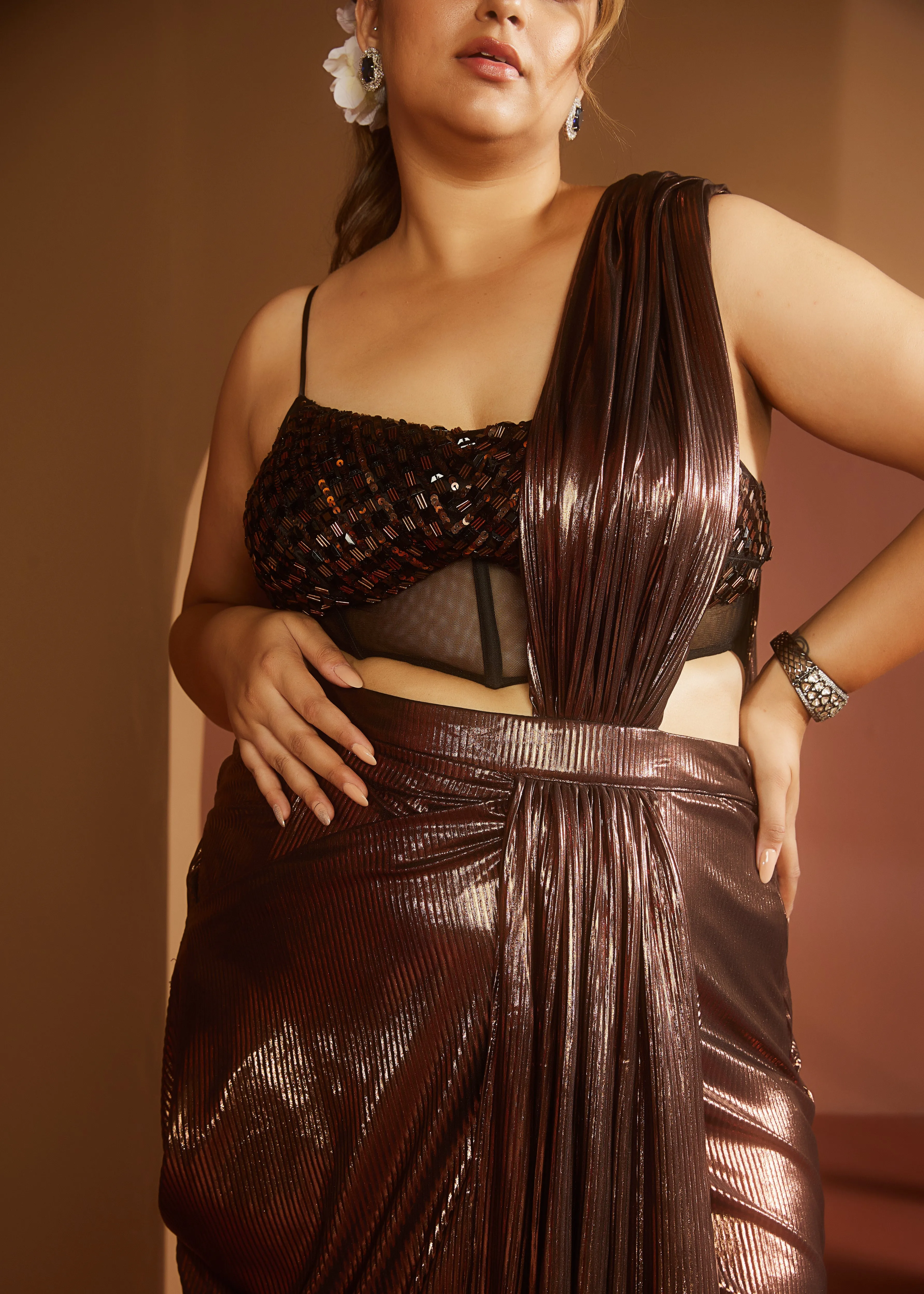 Zara Brown Metallic Pre-Draped Saree Set