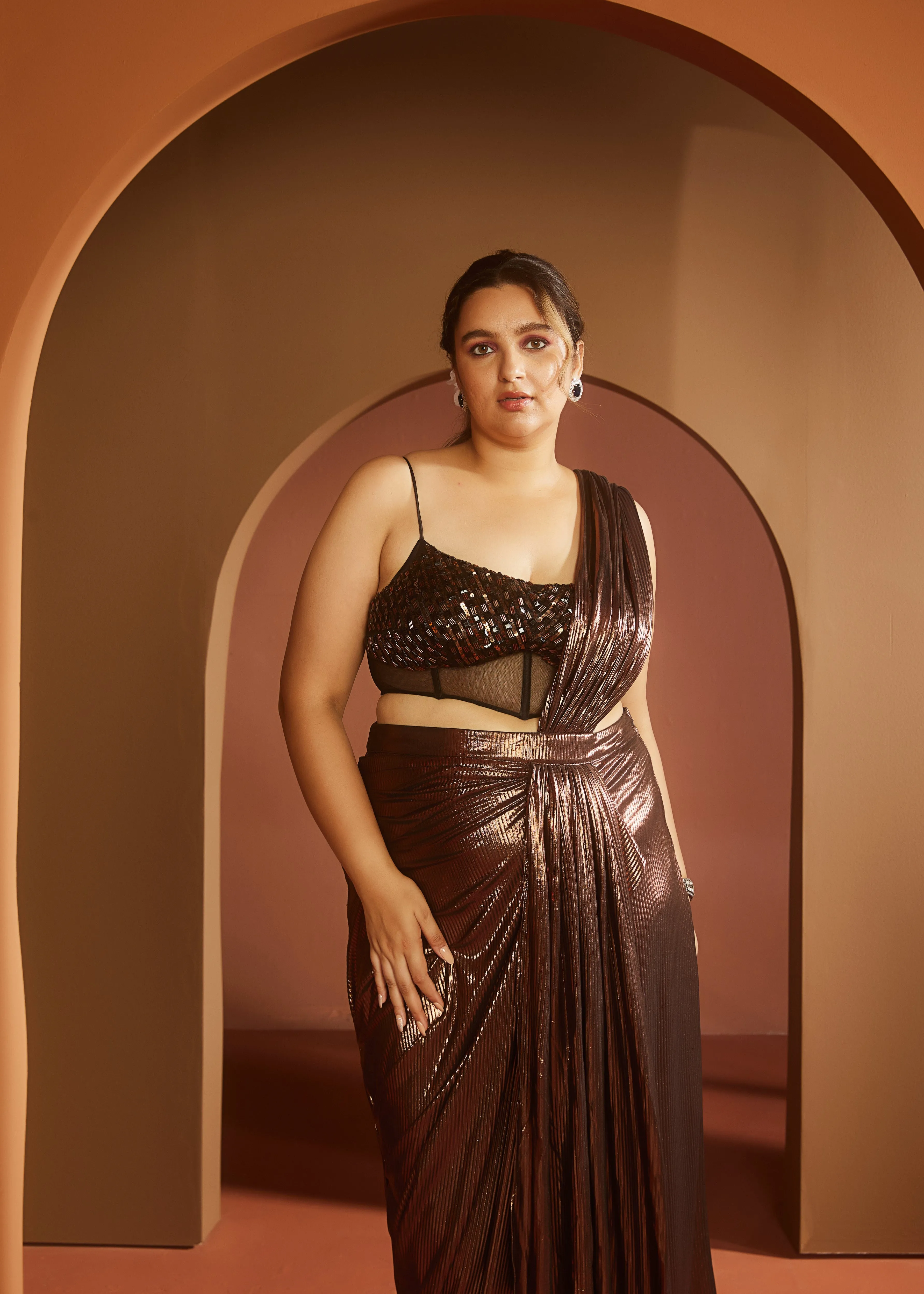 Zara Brown Metallic Pre-Draped Saree Set