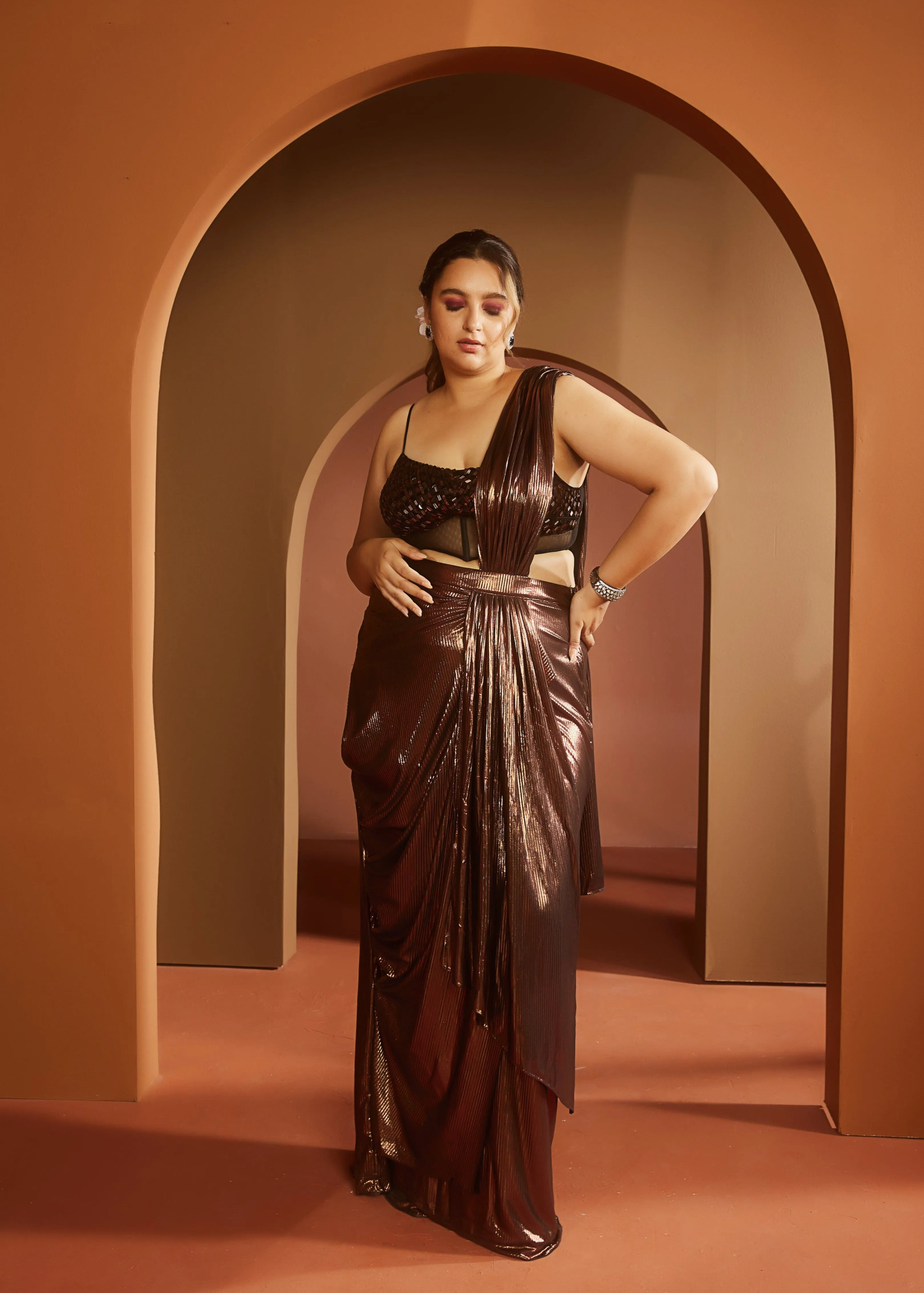 Zara Brown Metallic Pre-Draped Saree Set