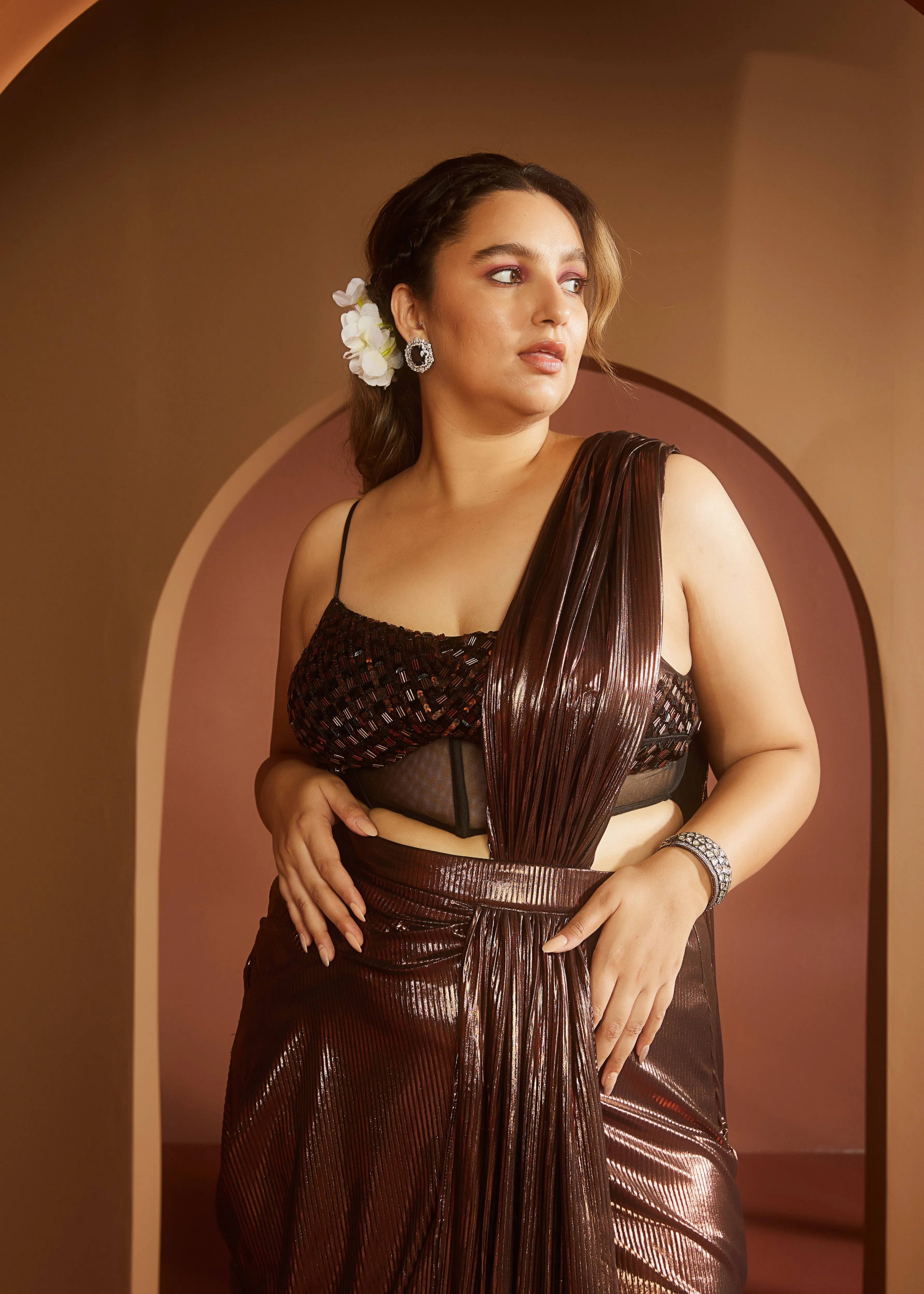 Zara Brown Metallic Pre-Draped Saree Set