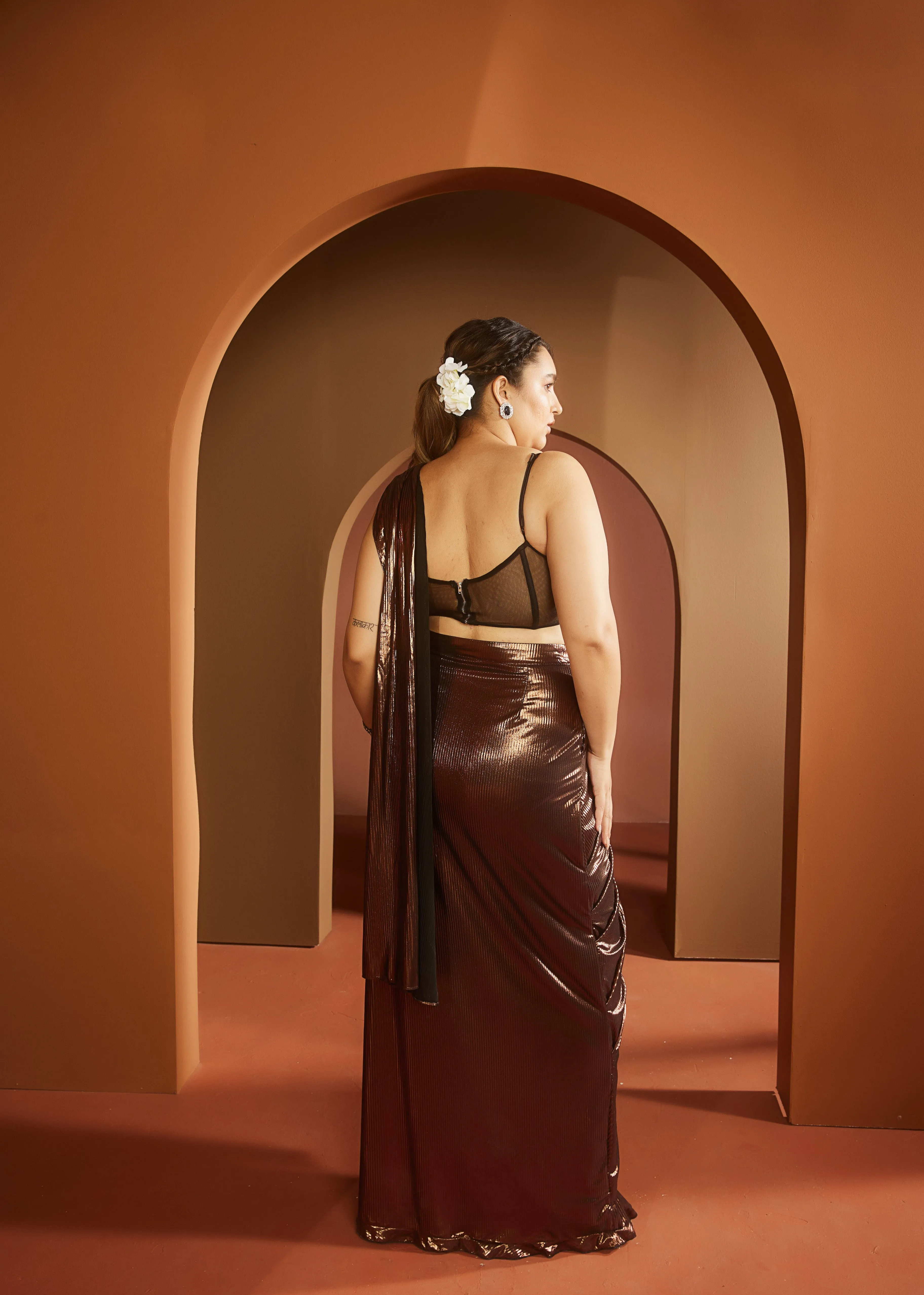 Zara Brown Metallic Pre-Draped Saree Set