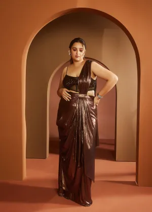Zara Brown Metallic Pre-Draped Saree Set