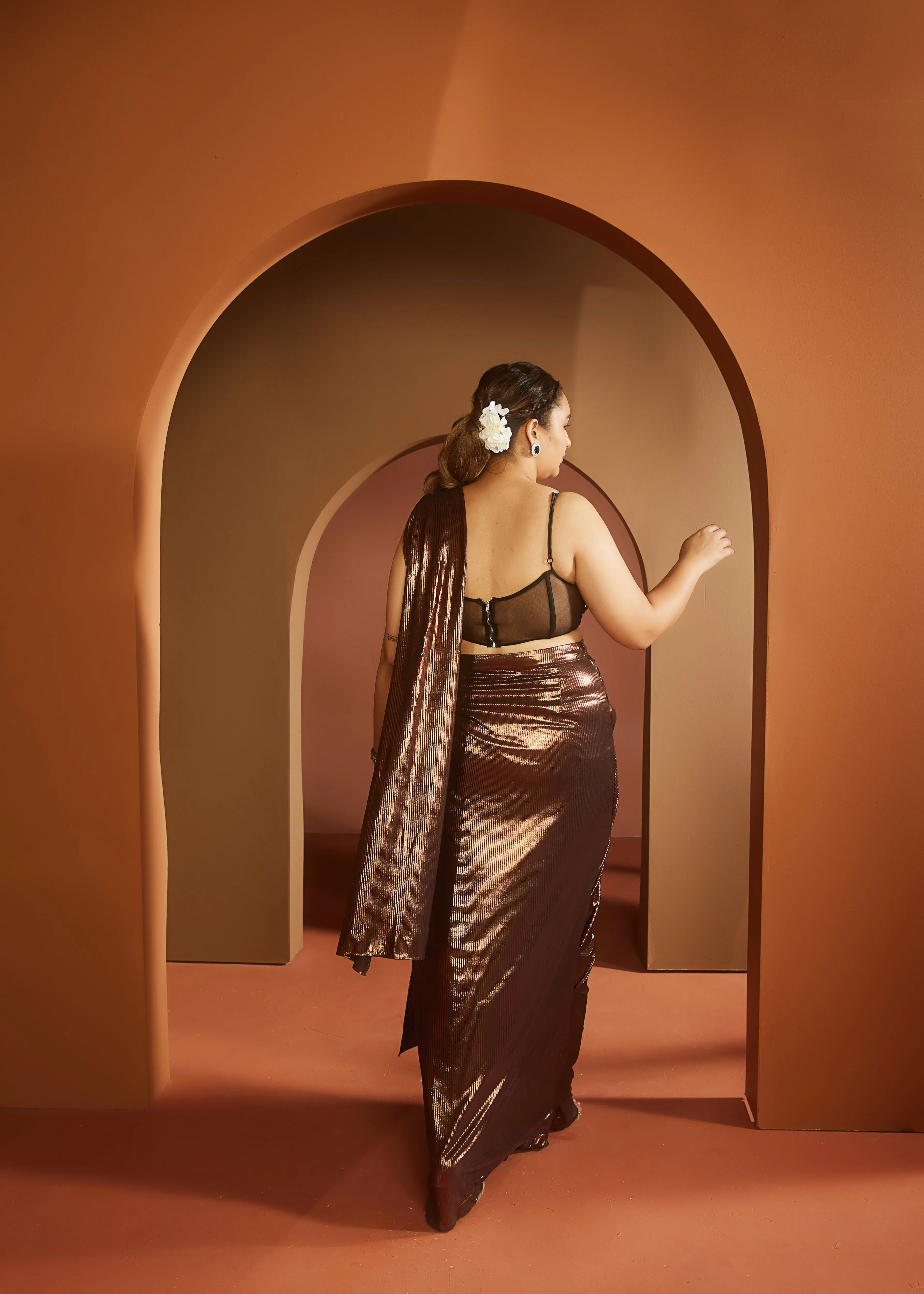Zara Brown Metallic Pre-Draped Saree Set